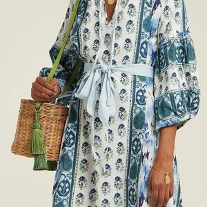 D’Ascoli Printed Boho Tunic Dress Size Small Blue Floral Tie Dye Artisan Cotton